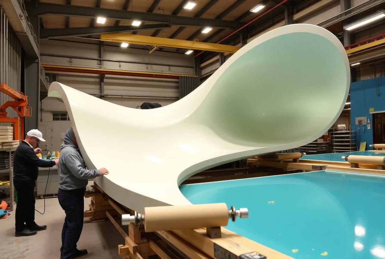 Workers hand-laminating a fibreglass water slide flume section inside a mould