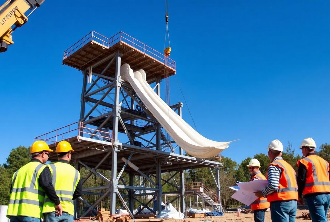 Crane lifting a slide flume onto a steel tower while engineers review drawings