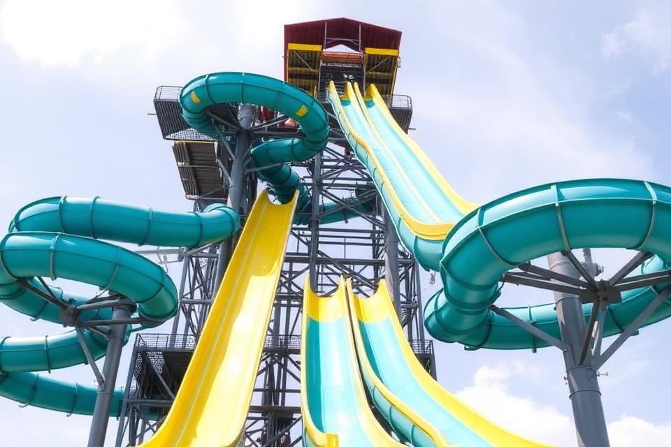 Multi-lane fibreglass water slide tower with teal and yellow flumes